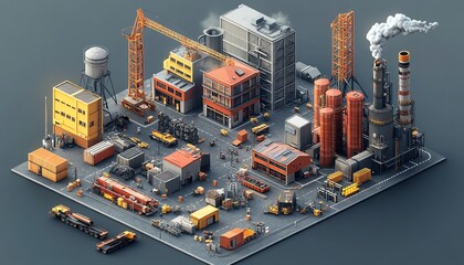 Poster - Industrialthemed 3D isometric projections featuring various buildings, cranes, and vehicles, ideal for creative designers and visual presentations