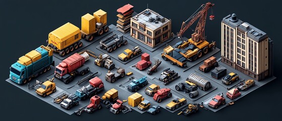 Poster - Industrialthemed 3D isometric projections featuring various buildings, cranes, and vehicles, ideal for creative designers and visual presentations