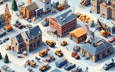 Aufkleber - Isometric projection collection featuring an industrial environment with houses, buildings, cranes, and cars, ideal for design inspiration and development