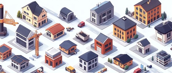 Aufkleber - Isometric projection collection featuring an industrial environment with houses, buildings, cranes, and cars, ideal for design inspiration and development