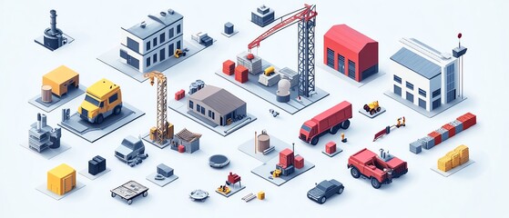Aufkleber - Isometric projection collection featuring an industrial environment with houses, buildings, cranes, and cars, ideal for design inspiration and development