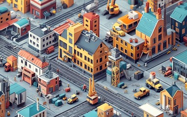 Aufkleber - Isometric projection collection featuring an industrial environment with houses, buildings, cranes, and cars, ideal for design inspiration and development