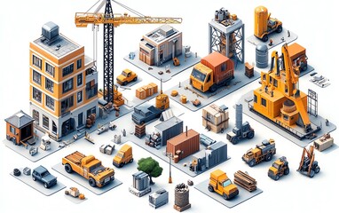 Aufkleber - Isometric projection collection featuring an industrial environment with houses, buildings, cranes, and cars, ideal for design inspiration and development