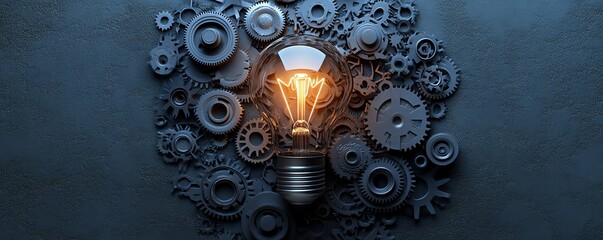 Aufkleber - Light bulb surrounded by gears and cogs, symbolizing the innovative collaboration between creativity and technology, perfect for modern design themes
