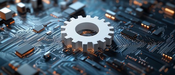 Aufkleber - Modern futuristic vector illustration featuring a 3D white paper gear wheel against a detailed circuit board background, emphasizing technology innovations