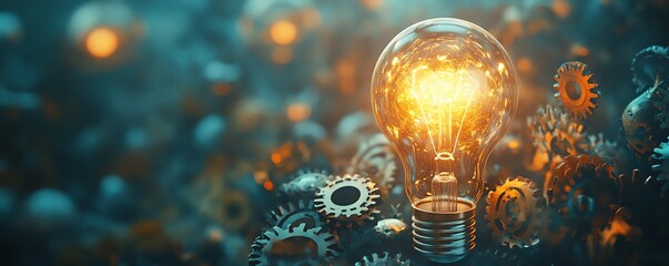 Poster - Light bulb surrounded by gears and cogs, symbolizing the innovative collaboration between creativity and technology, perfect for modern design themes