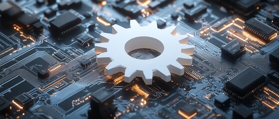 Poster - Modern futuristic vector illustration featuring a 3D white paper gear wheel against a detailed circuit board background, emphasizing technology innovations