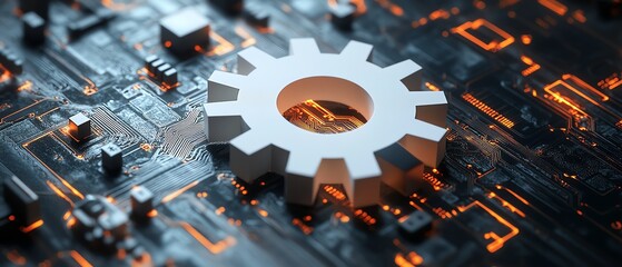 Poster - Modern futuristic vector illustration featuring a 3D white paper gear wheel against a detailed circuit board background, emphasizing technology innovations