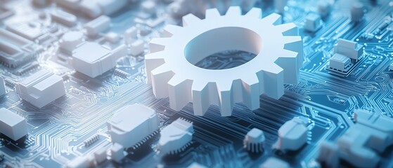 Poster - Modern futuristic vector illustration featuring a 3D white paper gear wheel against a detailed circuit board background, emphasizing technology innovations