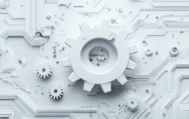 Aufkleber - Sleek abstract illustration showcasing a 3D white paper gear wheel and circuit board, emphasizing the future of hightech engineering solutions