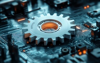 Aufkleber - Sleek abstract illustration showcasing a 3D white paper gear wheel and circuit board, emphasizing the future of hightech engineering solutions