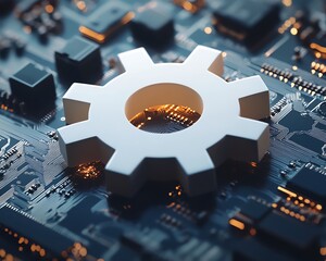 Aufkleber - Stylish abstract illustration of a 3D white paper gear wheel set against a circuit board backdrop, highlighting advancements in engineering and technology