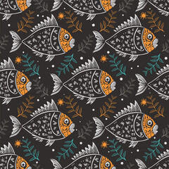 beautiful fish on a dark background. seamless pattern