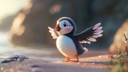 3D Cute Baby Puffin with Pastel Wings Standing