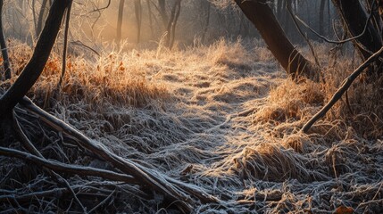 Poster - The tranquil forest path is covered in frost, with golden grass glistening in the soft morning light. The sun peeks through the trees, creating a peaceful ambiance among the quiet woods.