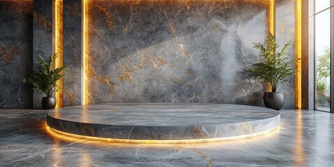 Poster - Illuminated Marble Platform with Plants and Window