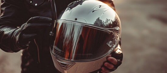 A person holding a reflective motorcycle helmet in golden light.