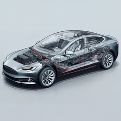 A detailed infographic showing the internal structure of car's electric vehicles, highlighting its battery and other components