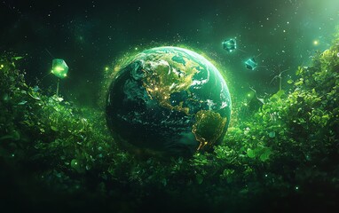 Lush green planet Earth with renewable energy icons, emphasizing ecofriendly corporate responsibility and sustainable practices