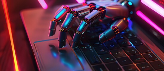 Futuristic hand robot that types and works with a laptop keyboard and light neon. Digital art, artificial intelligence digital futuristic technology concept
