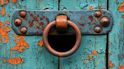 Poster - Rusty Metal Ring on Chipped Teal Wooden Door
