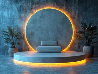Aufkleber - Concrete Platform with Yellow Lighting and Plants in a Minimalist Setting