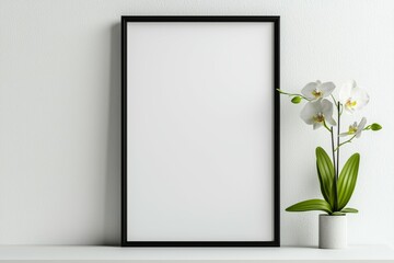 Poster - A black framed white picture with a white flower in a white vase