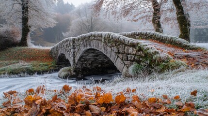 Poster - A beautiful stone bridge spans across a gently flowing river, surrounded by frosty trees and colorful autumn leaves.