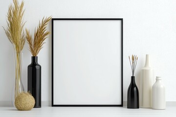 Canvas Print - A black frame with a white background sits on a table next to a vase