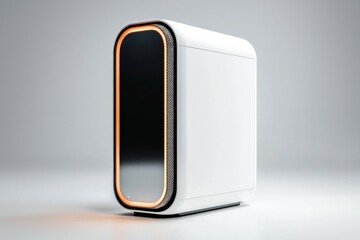 A white computer tower with orange accents