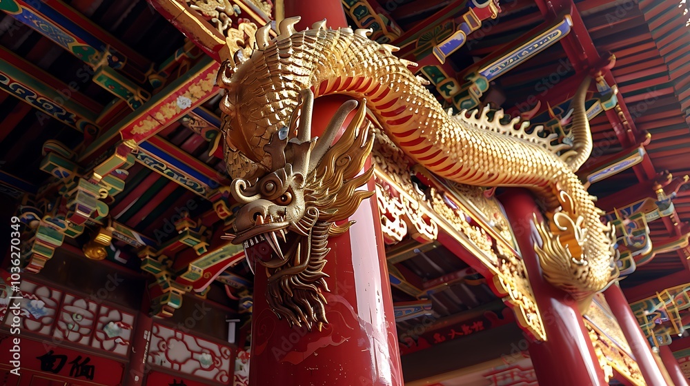 A breathtaking representation of a golden Chinese dragon sculpture ...