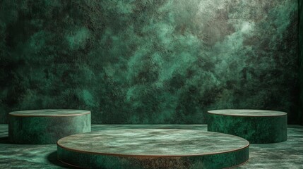 Aufkleber - In a contemporary space, three circular platforms rest on a textured green floor against a deep green wall.