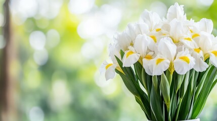 Wall Mural - Delicate white irises with a hint of yellow shine brightly in a stylish vase, set against a soft, blurred backdrop.