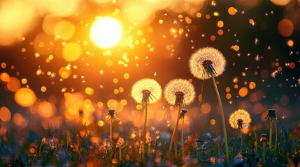 Sticker - Experience the serene beauty of a magic dandelion field at sunset, enhanced by a dreamy bokeh effect and golden light.