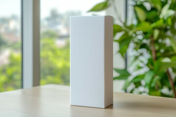 Canvas Print - A white box sits on a wooden table in front of a green plant