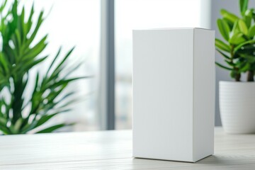 Wall Mural - A white box sits on a table next to a potted plant