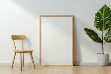 Poster - A white framed picture sits on a wooden floor next to a chair