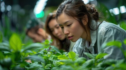 Women Cultivating Green Plants in Indoor Farm Setup