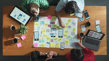 Fototapete - Professional developer team sharing idea of Ux Ui design by using mind map. Top down view of group of business people working together to brainstorm or plan mobile phone interface app. Convocation.