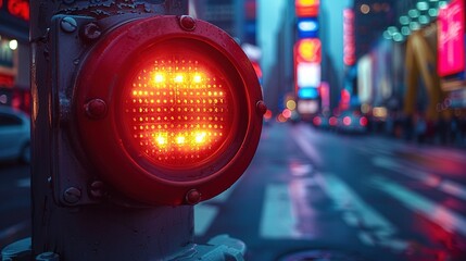 A red traffic light signals for pedestrians in a vibrant urban setting.