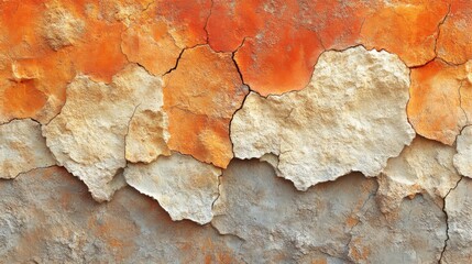 Fototapete - A weathered wall displays a unique texture with cracks in orange and gray tones. The peeling paint reveals an uneven surface and interesting patterns, showcasing age and wear.
