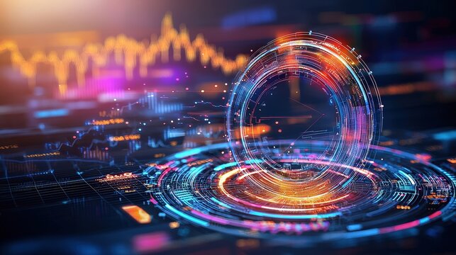 Colorful and futuristic digital abstract design featuring vibrant circles and flowing lines, perfect for technology and innovation themes in graphics.