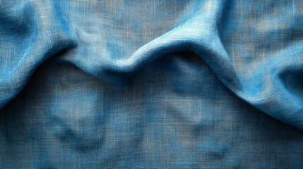 Poster - A soft blue linen fabric lies draped on a surface, with gentle folds and natural light enhancing its texture and depth. The scene conveys warmth and simplicity.