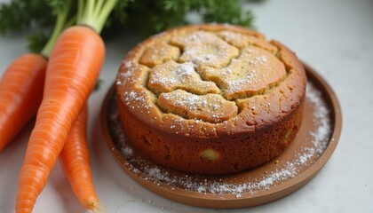 Poster -  Delicious carrot cake with a dusting of powdered sugar accompanied by fresh carrots