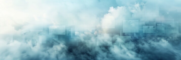 Poster - A background of light blue squares, blurred in the center and with clouds in the background. The overall color scheme is light blue and white.