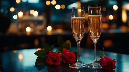 A romantic dinner with two glasses of champagne and roses on the table, set in a nighttime restaurant background