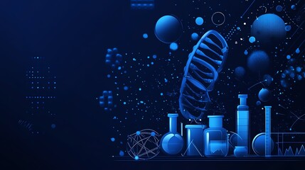 Blue abstract science graphic featuring lab equipment and molecular structures.