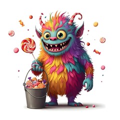 Colorful Monster Holding Lollipop and Candy Bucket with Cheerful Expression