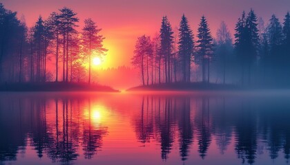 Aufkleber - Misty Sunset Reflecting on Still Water with Silhouette Trees
