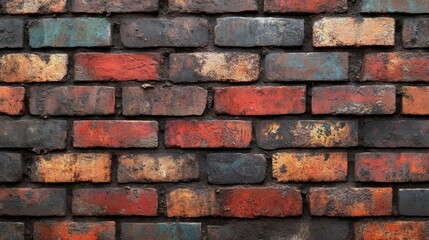 Fototapete - A textured wall made of aged bricks displays a vibrant palette of earthy colors, revealing the beauty of urban decay and history in an architectural backdrop.